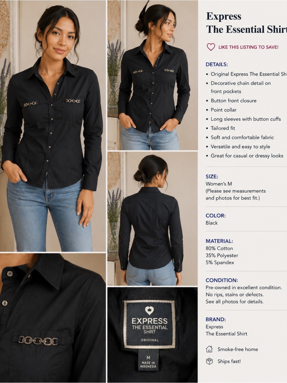 Express Black Long-Sleeve Button Down Shirt with Chain Detail